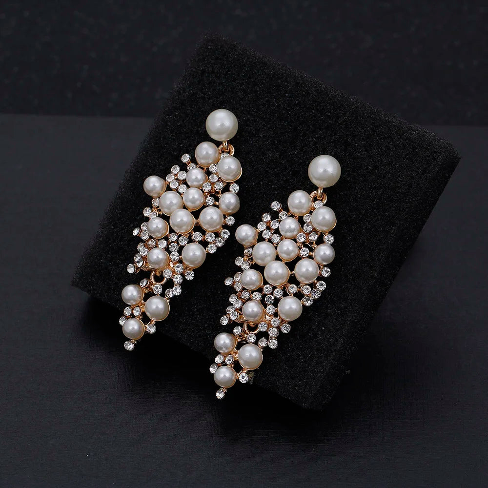 Gold Bridal Drop Earrings with Simulated Pearls & Crystal Rhinestones — 6 cm (2.36 in) Dangle Statement Earrings for Wedding & Bridesmaids