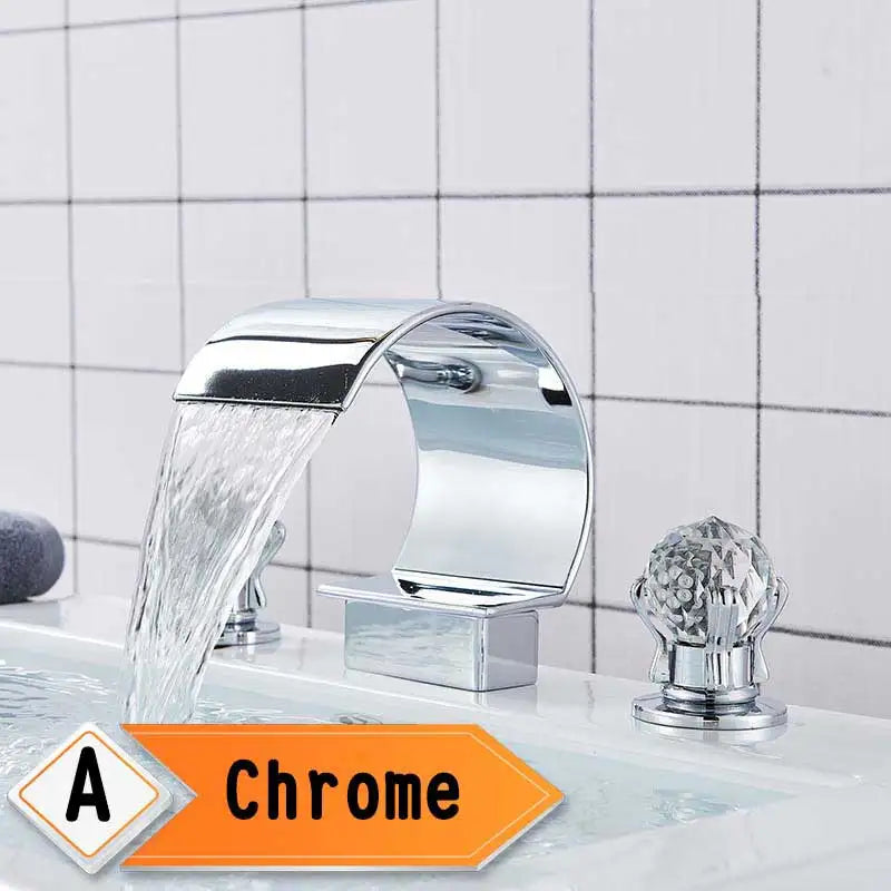 Golden Waterfall Widespread Bathroom Faucet - Dual Crystal Handles, Deck-Mounted Basin Mixer