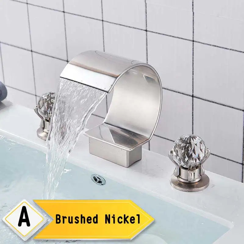 Golden Waterfall Widespread Bathroom Faucet - Dual Crystal Handles, Deck-Mounted Basin Mixer