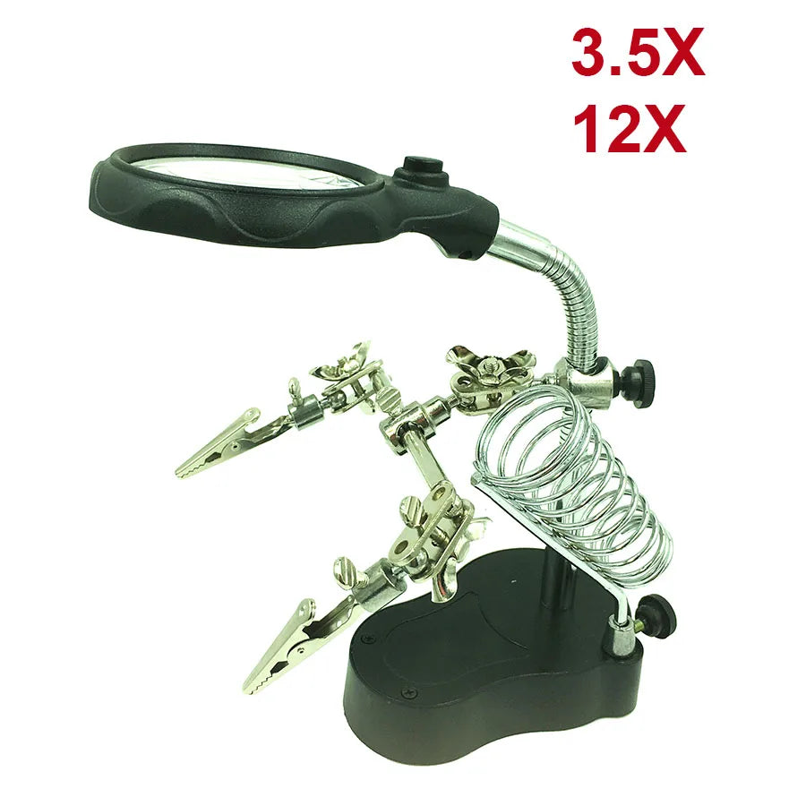 Adjustable Third Hand Soldering Stand with LED Magnifying Glass and Clamps — Desktop Helping Hand for Electronics Repair