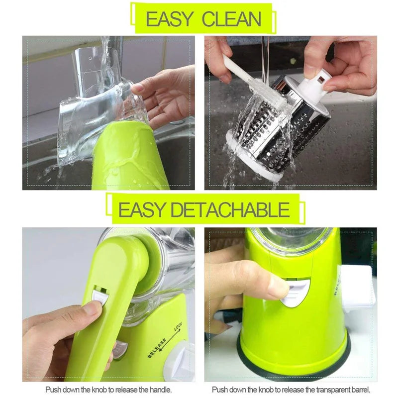 Manual Rotary Vegetable Slicer & Cheese Grater with 3 Stainless Steel Drums - Handheld Vegetable Chopper
