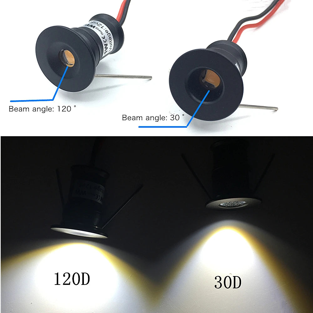 1W Mini LED Recessed Spotlight — 12V Dimmable IP65 15mm (0.59 in) Cutout 30°/120° Showcase & Ceiling Downlight