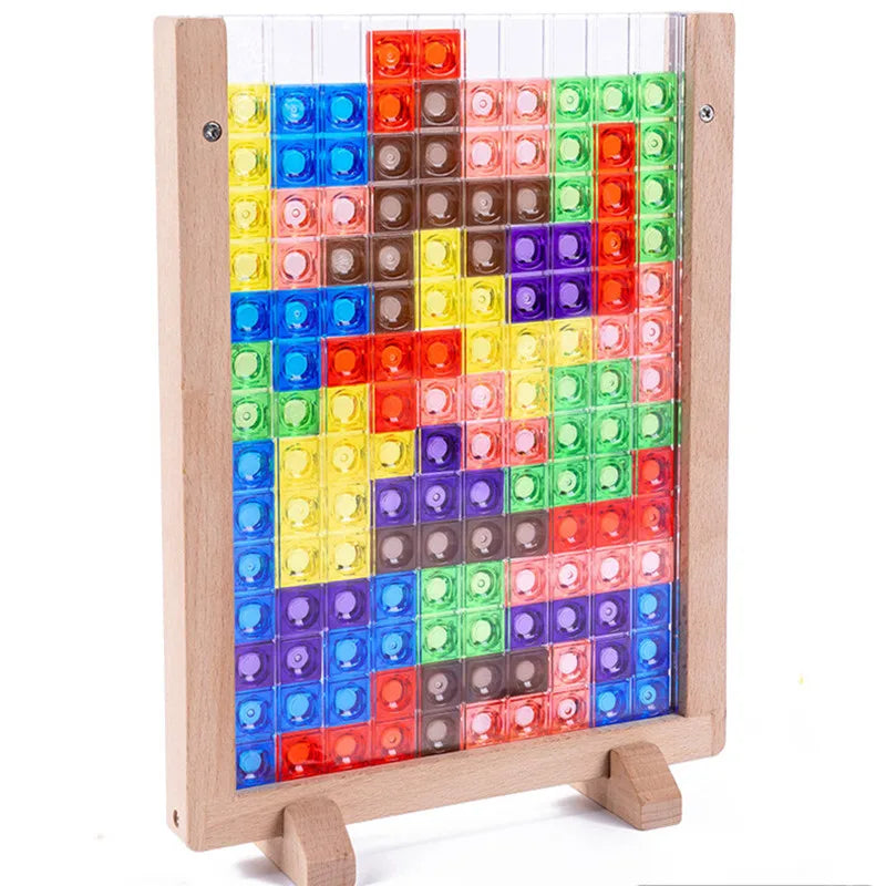 3D Tetris Wooden Building Blocks Puzzle - Colorful Tangram Brain Teaser STEM Montessori Toy for Kids Ages 3+