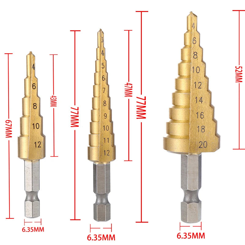 Titanium Coated HSS Step Drill Bit 4-20mm & 4-32mm - Cone Hole Cutter for Metal and Wood