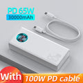 65W 30000mAh USB-C Power Bank PD Quick Charge Portable Charger with Digital Display & Built-in Cables for Smartphone and Laptop