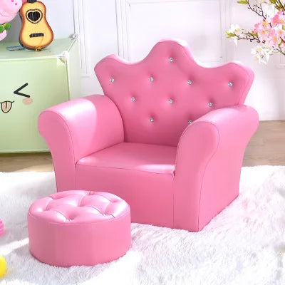 Kids Crown Armchair & Footstool - Korean Style Children's Sofa, Solid Wood Frame, 58 x 40.5 x 48 cm (22.8 x 15.9 x 18.9 in)