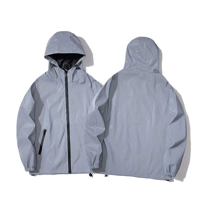 Men's Reflective Dual-Layer Windbreaker Jacket Hooded Waterproof Zip Coat