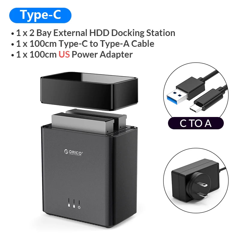 2-Bay 3.5-inch Type-C HDD Enclosure USB 3.1 Gen1 5Gbps UASP Magnetic Docking Station (12V 4A)