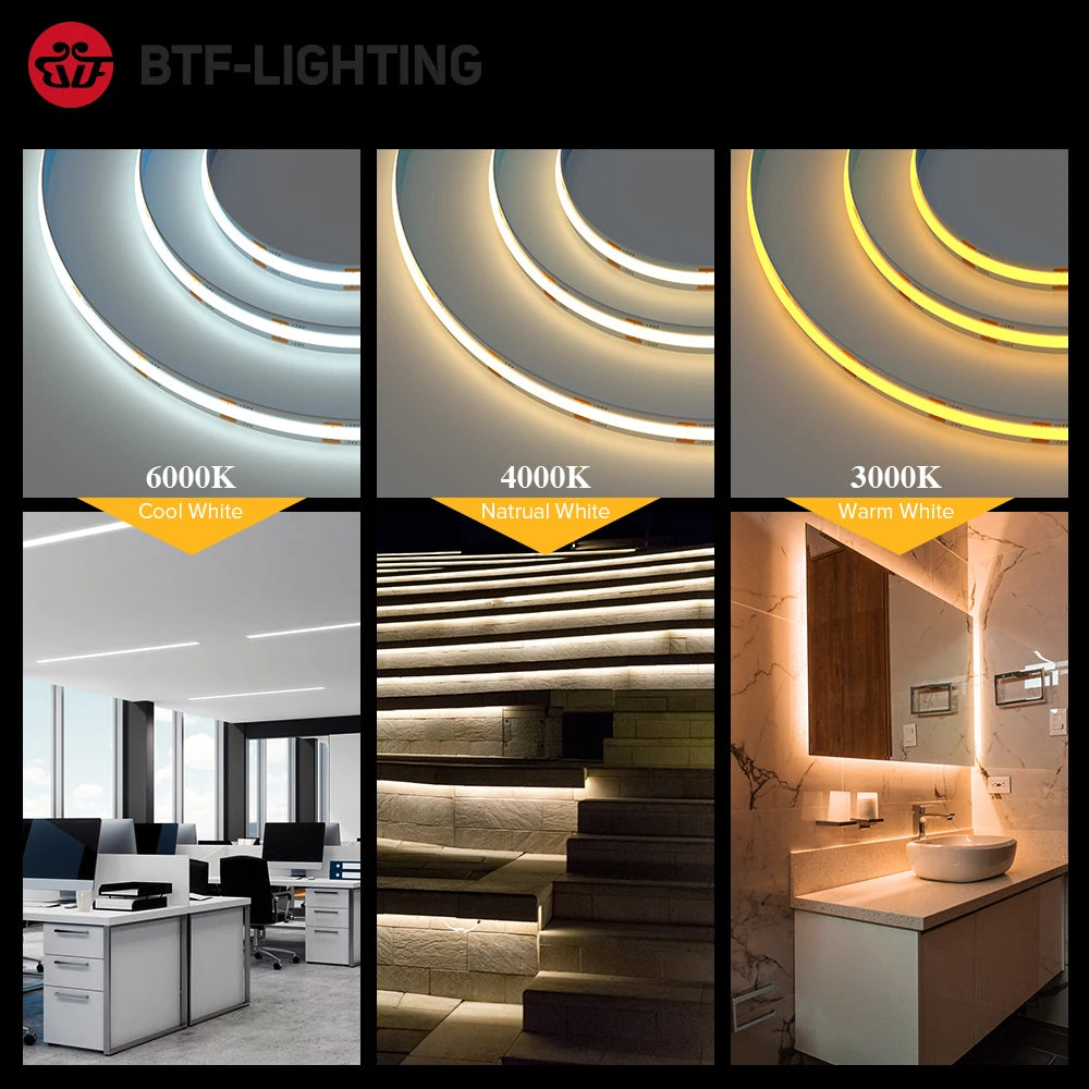 FCOB COB LED Strip Light 336/480/528 LEDs/m CRI90 Dimmable 12V/24V Warm/Natural/Cool White