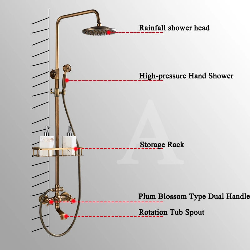 Antique Brass Wall-Mount Shower System with 8-inch (20 cm) Rainfall Head & Hand Shower, Adjustable 27.5–47.2 in (70–120 cm)