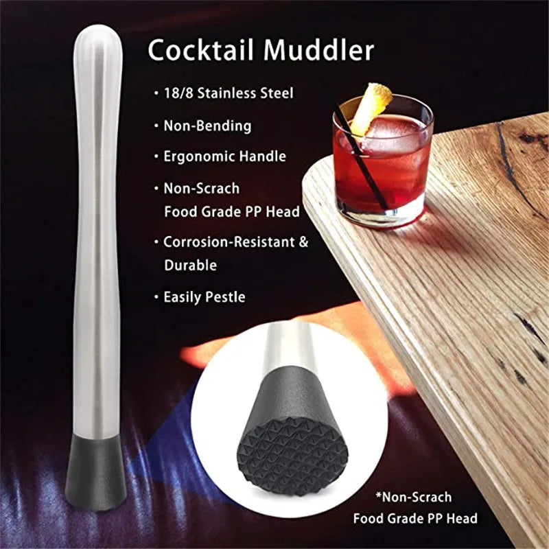 8-Inch (20 cm) Stainless Steel Cocktail Muddler & Twisted Bar Spoon – Dual-Head Bar Tool Set
