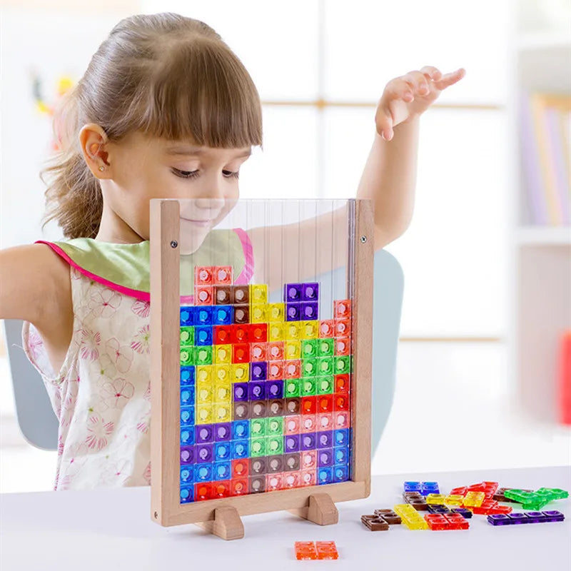 3D Tetris Wooden Building Blocks Puzzle - Colorful Tangram Brain Teaser STEM Montessori Toy for Kids Ages 3+
