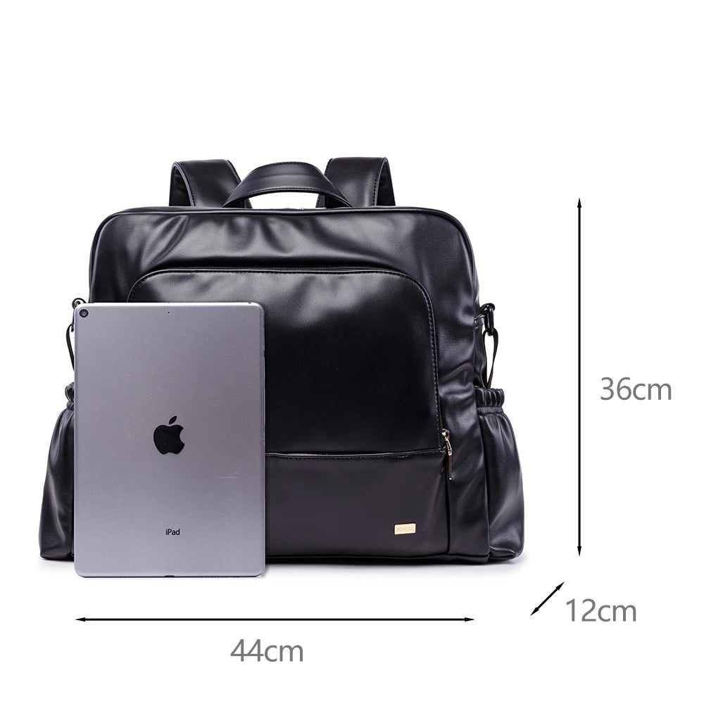 Waterproof Black Leather Diaper Bag Backpack – 24L Large Capacity Nursing Changing Bag with Zipper & Stroller Straps