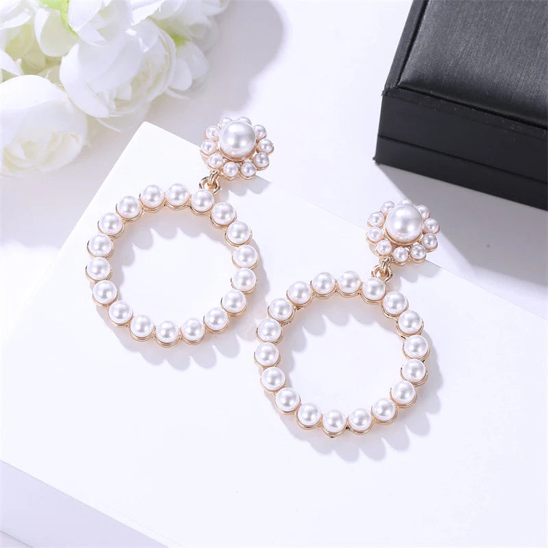 Gold Bridal Drop Earrings with Simulated Pearls & Crystal Rhinestones — 6 cm (2.36 in) Dangle Statement Earrings for Wedding & Bridesmaids