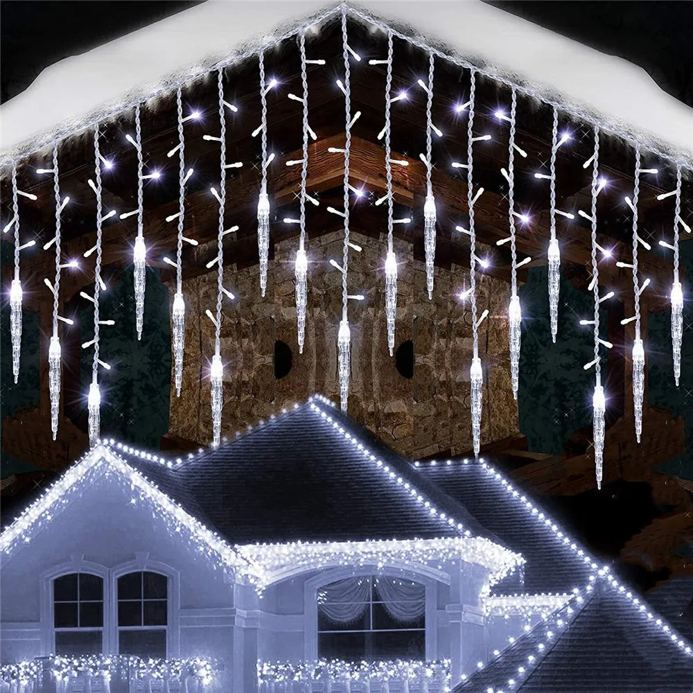 LED Christmas Icicle Curtain Lights – Waterproof Outdoor Festoon, 3.5–5m (11.5–16.4 ft), White/Blue/Multi/Warm White, Steady or 8-Mode Controller