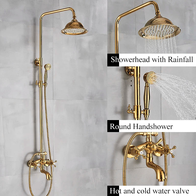 Antique Brass Wall-Mounted Rainfall Shower Set with 8-Inch Shower Head, Handheld & Shelf - Dual Handle Mixer Tap