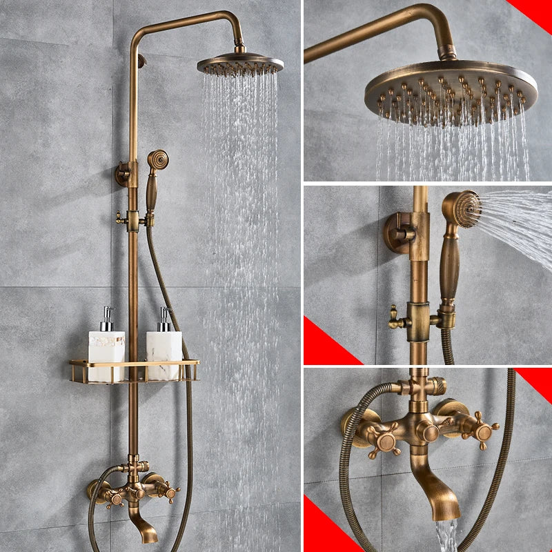 Antique Brass Wall-Mount Shower System with 8-inch (20 cm) Rainfall Head & Hand Shower, Adjustable 27.5–47.2 in (70–120 cm)