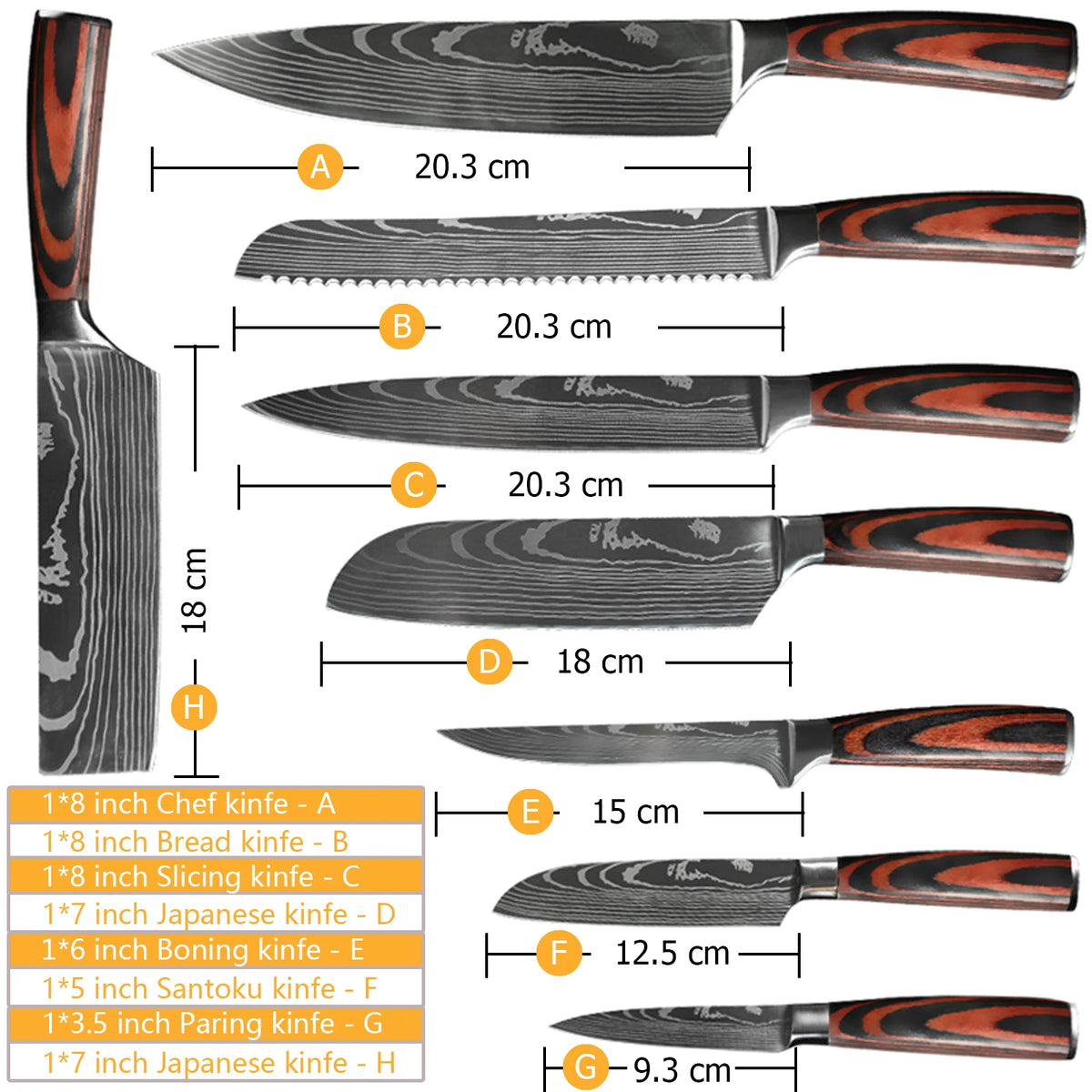 Chef Knife Set 1-10 Pc - Laser Damascus Pattern Japanese Santoku, Cleaver, Slicing and Utility Knives