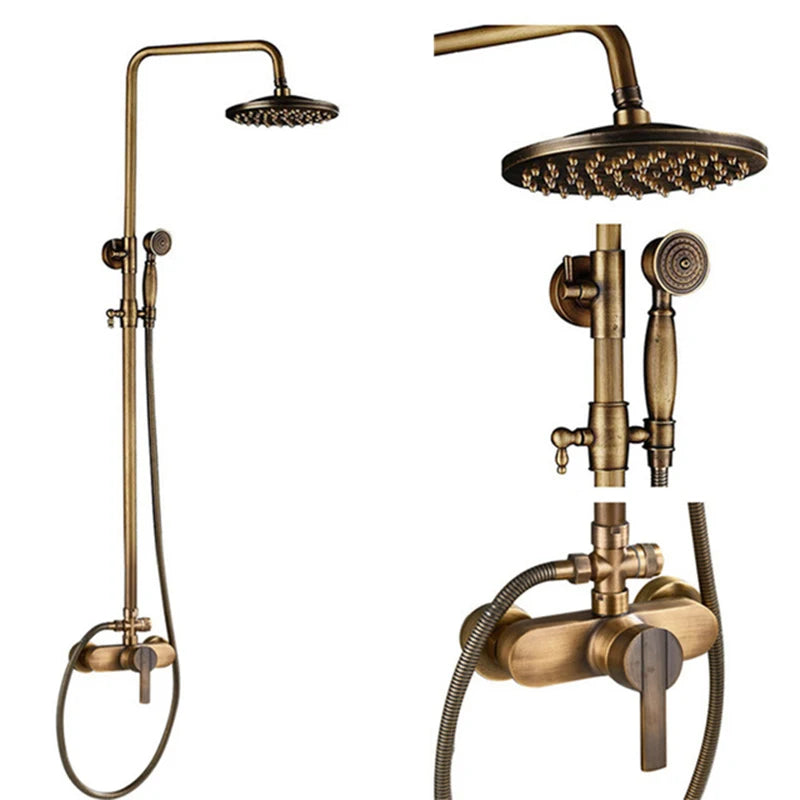 Antique Brass Wall-Mount Shower System with 8-inch (20 cm) Rainfall Head & Hand Shower, Adjustable 27.5–47.2 in (70–120 cm)