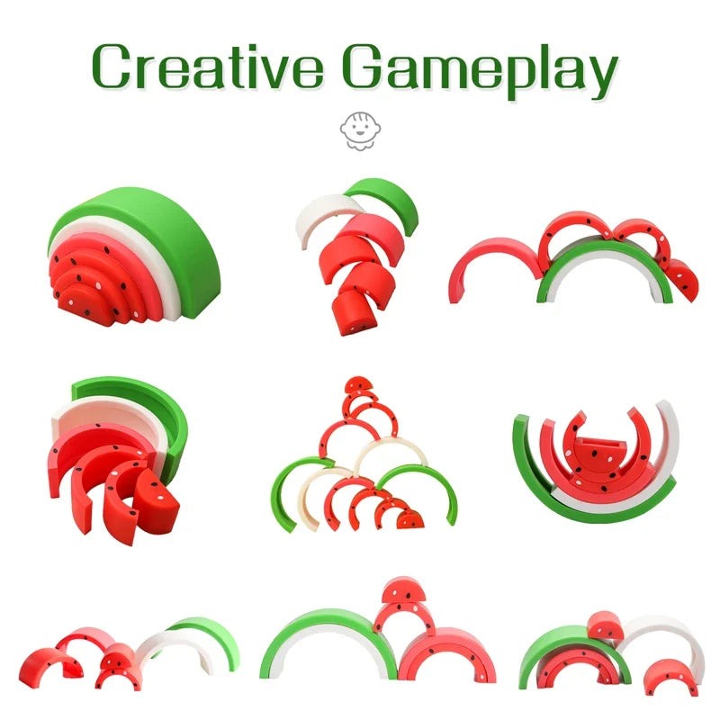 Silicone Watermelon Building Blocks BPA-Free Montessori Stacking & Balance Toy for Toddlers and Kids
