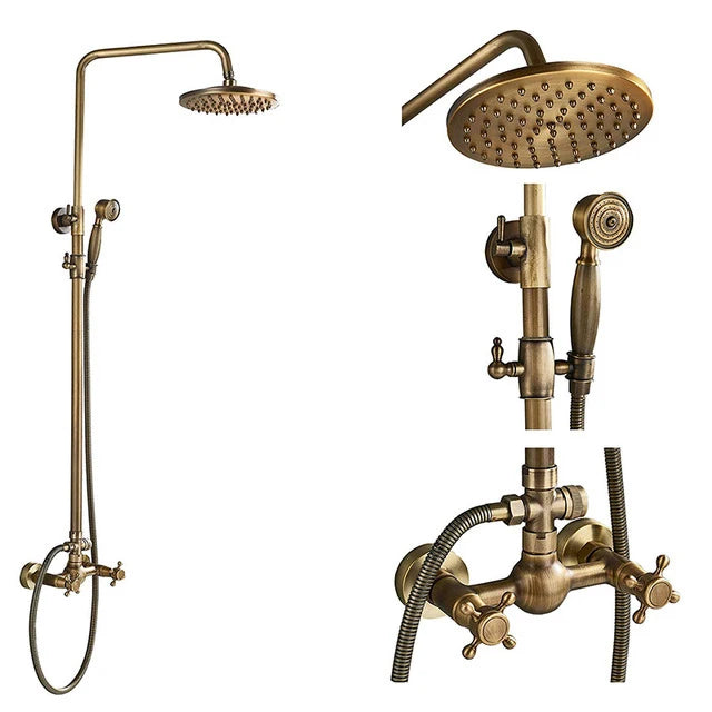 Antique Brass Wall-Mounted Rainfall Shower Set with 8-Inch Shower Head, Handheld & Shelf - Dual Handle Mixer Tap