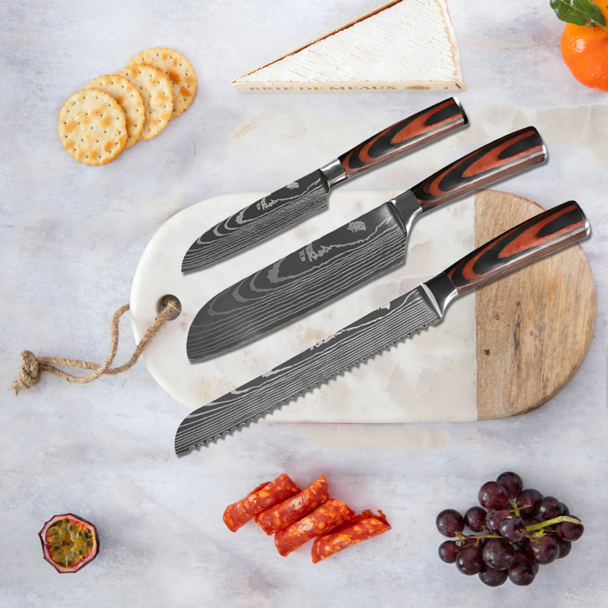 Chef Knife Set 1-10 Pc - Laser Damascus Pattern Japanese Santoku, Cleaver, Slicing and Utility Knives