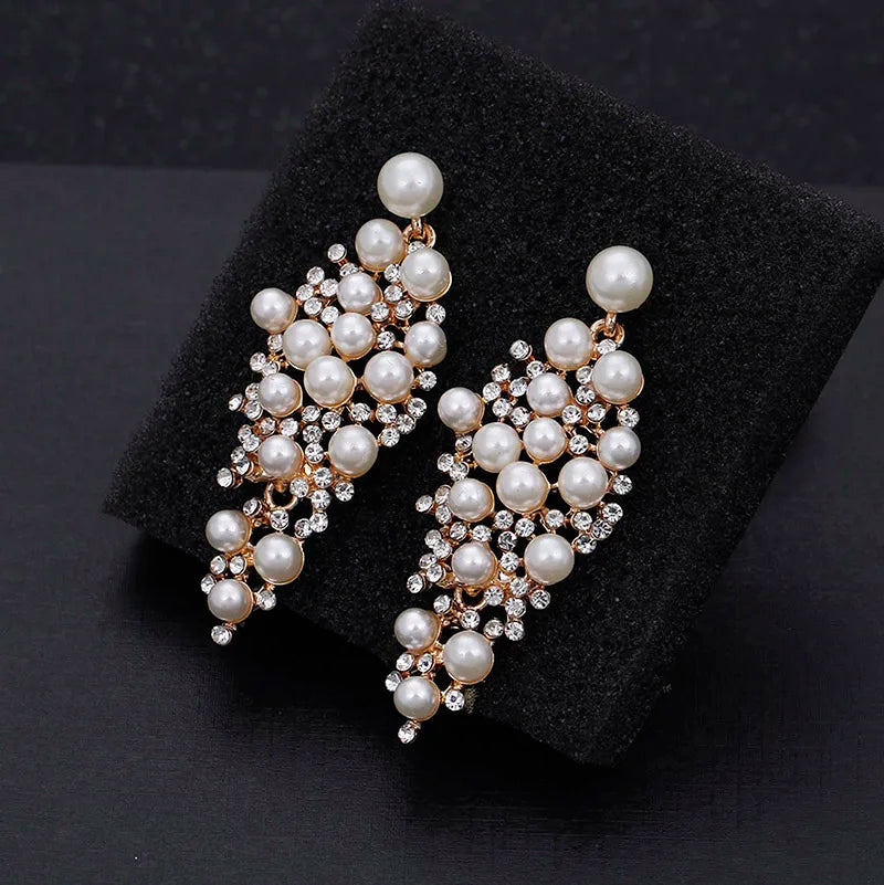 Gold Bridal Drop Earrings with Simulated Pearls & Crystal Rhinestones — 6 cm (2.36 in) Dangle Statement Earrings for Wedding & Bridesmaids