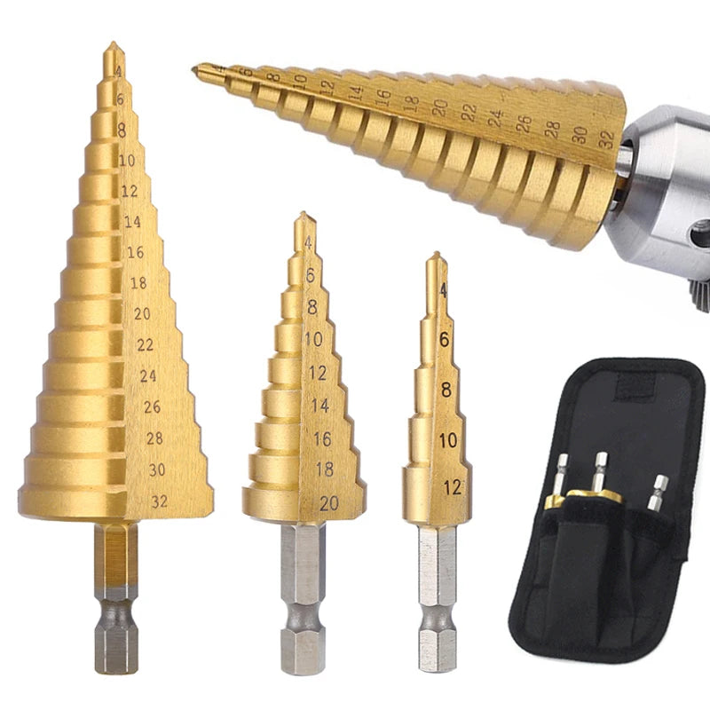 Titanium Coated HSS Step Drill Bit 4-20mm & 4-32mm - Cone Hole Cutter for Metal and Wood