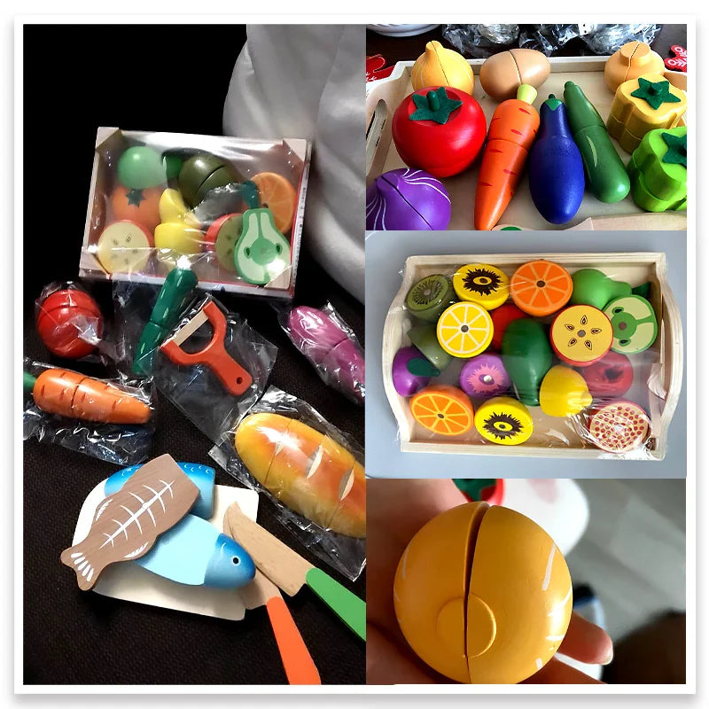 Wooden Pretend Play Kitchen Cutting Fruit and Vegetable Set – Montessori Educational Toy for Kids