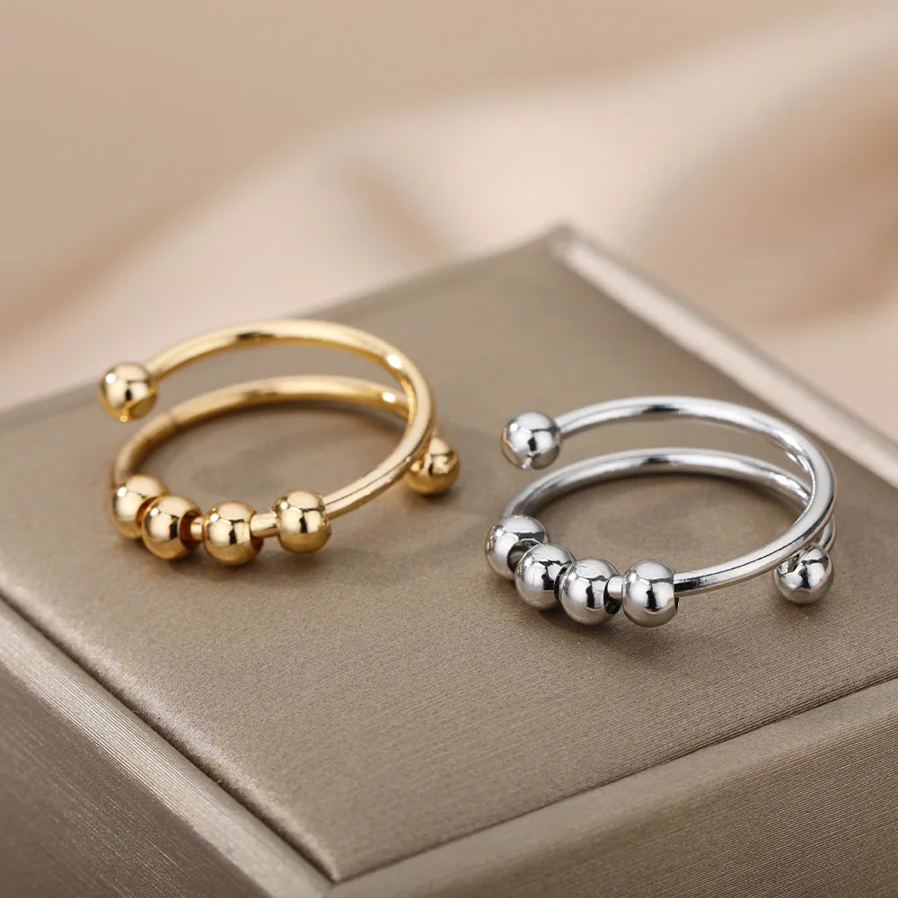 Adjustable Stainless Steel Spinner Ring for Women, Bead Fidget Open Rotating Anti-Stress Ring
