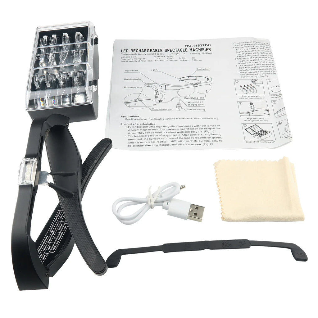 Headband Magnifying Glasses 1.5x–5x USB Rechargeable LED with 4 Interchangeable Lenses for Reading, Jewelry & Watch Repair
