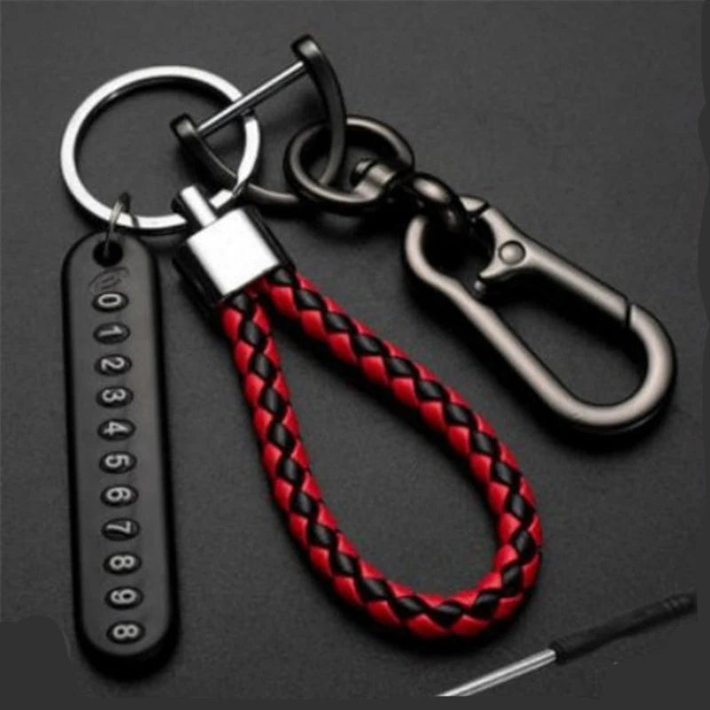 Braided Leather Car Keychain with Phone Number Card Holder, Anti-Lost Auto Key Ring with Lobster Clasp