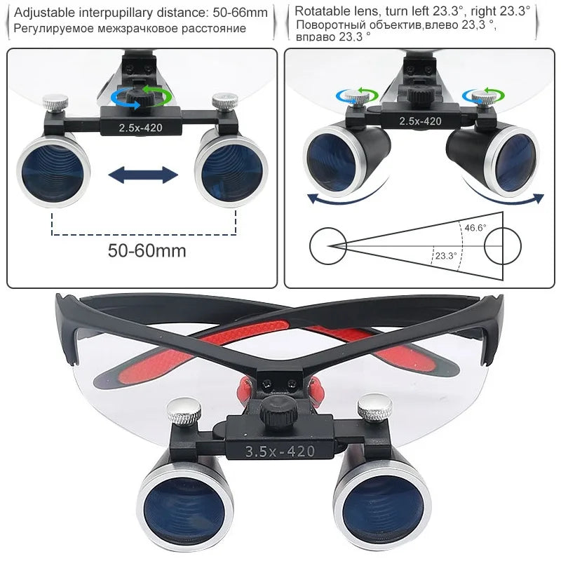 Dental Binocular Loupes 2.5x 3.5x Ultra-Lightweight Optical Magnification for Dental Surgery, 320-420 mm (12.6-16.5 in) Working Distance