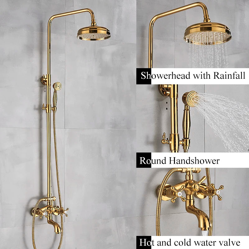 Antique Brass Wall-Mounted Rainfall Shower Set with 8-Inch Shower Head, Handheld & Shelf - Dual Handle Mixer Tap
