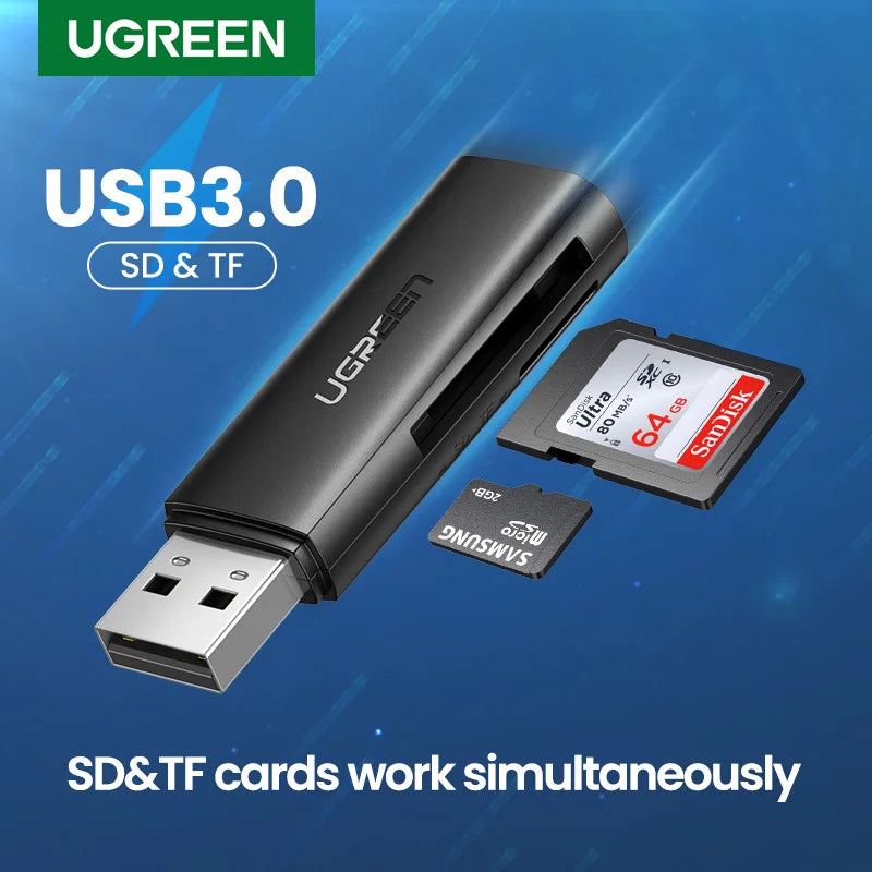 USB 3.0 Card Reader — SD & Micro SD (TF) Dual Slot 2-in-1, 5Gbps USB-A, Plug & Play, Supports up to 2TB