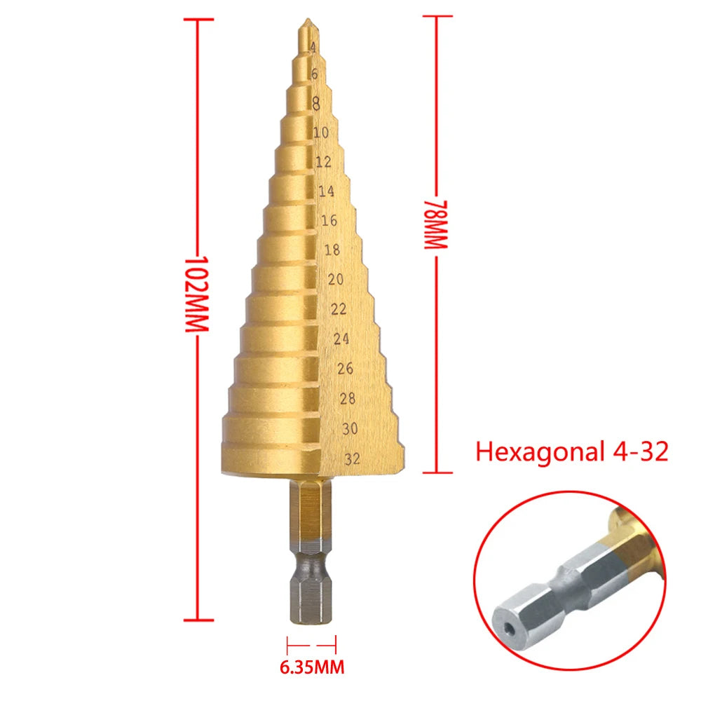 Titanium Coated HSS Step Drill Bit 4-20mm & 4-32mm - Cone Hole Cutter for Metal and Wood