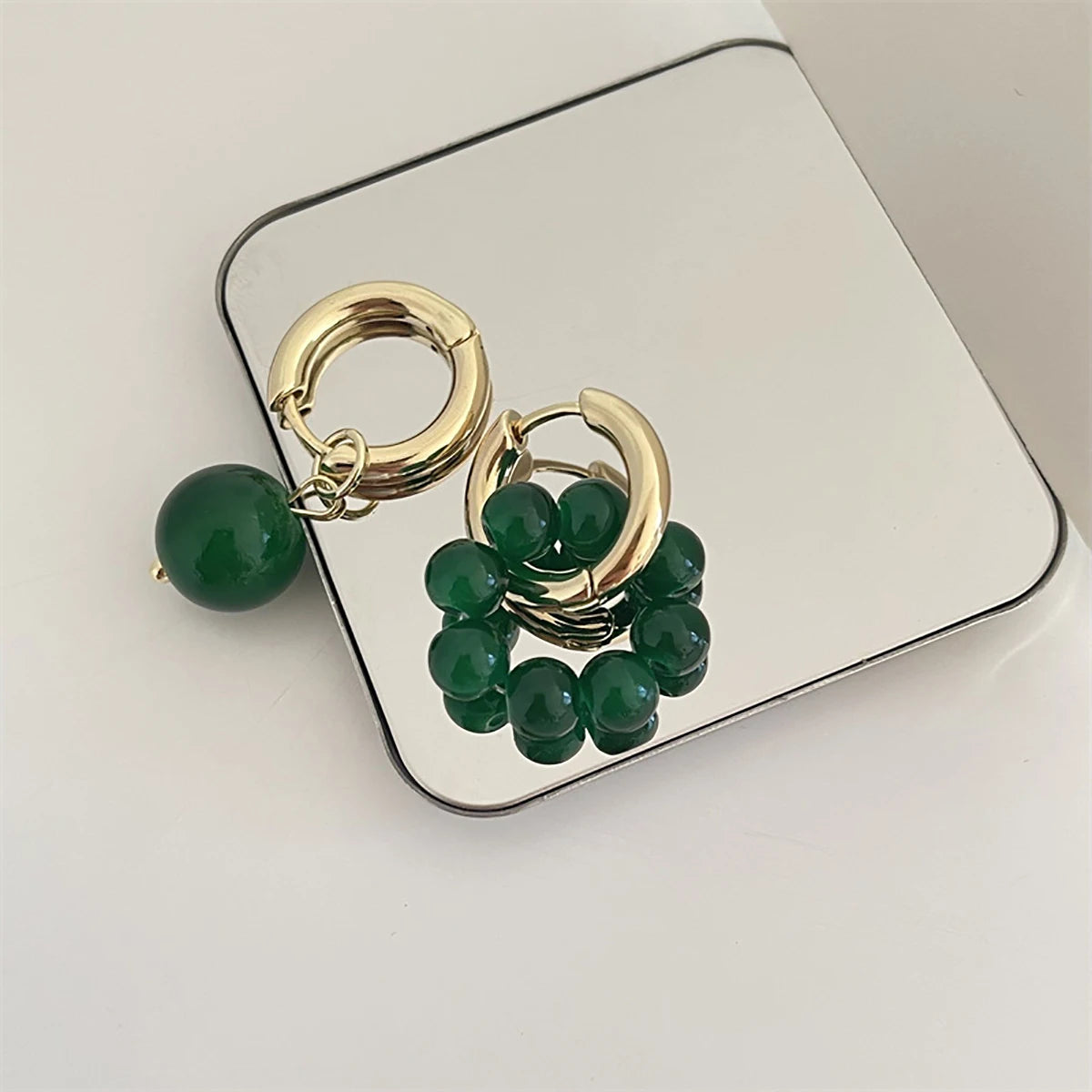 Korean Green Acrylic Geometric Dangle Earrings — Round & Square Statement Drop Earrings for Women