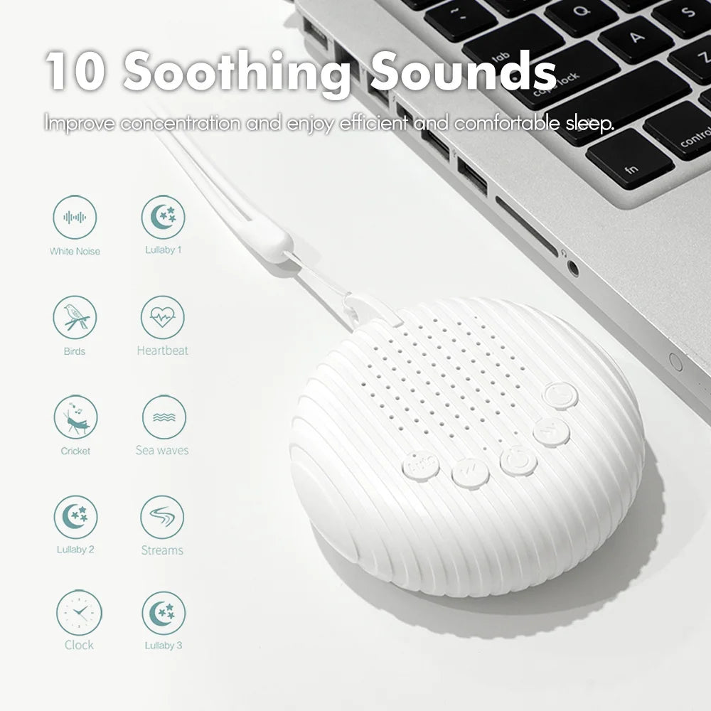 Portable Baby White Noise Machine — 10 Soothing Sounds, USB Rechargeable, Volume Adjustable, with Lanyard
