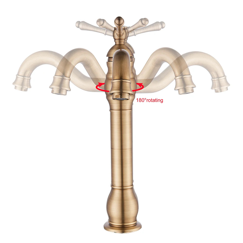 Antique Brass Vessel Sink Faucet Deck-Mounted Single Hole Hot & Cold Mixer Tap for Bathroom