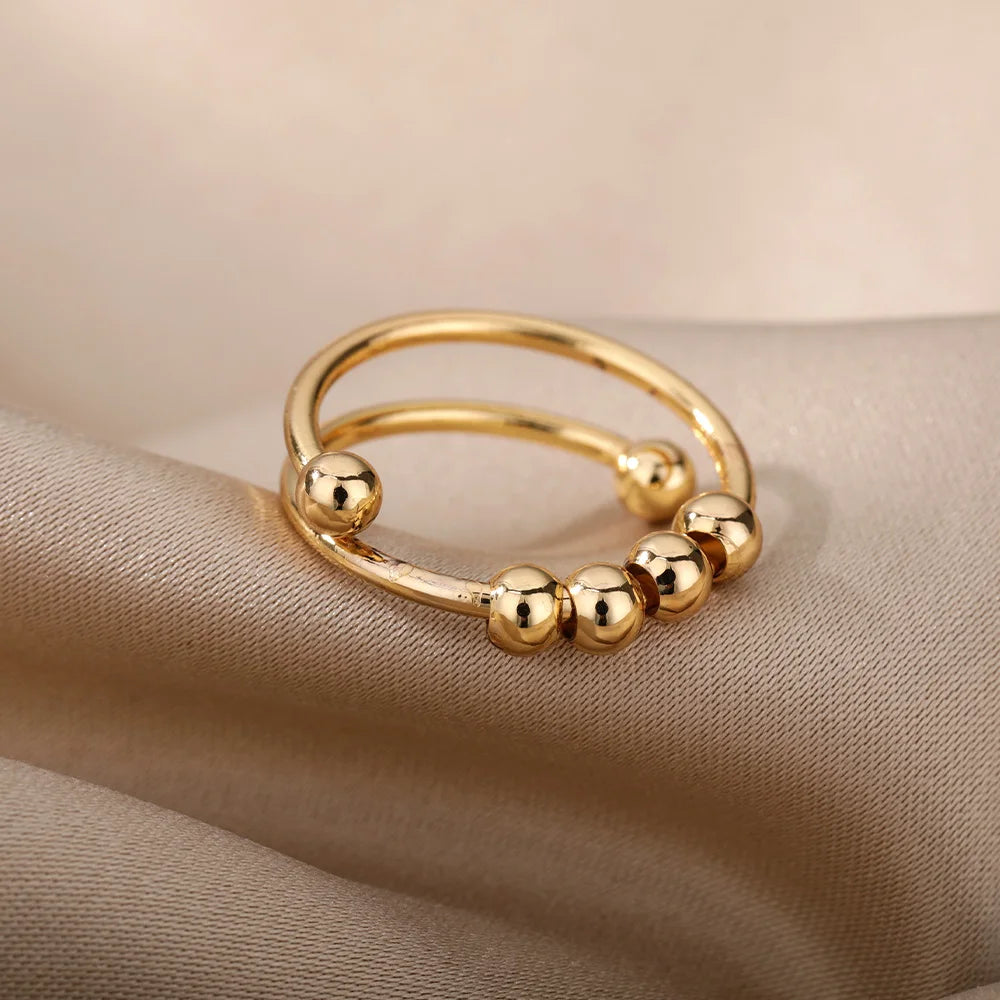 Adjustable Stainless Steel Spinner Ring for Women, Bead Fidget Open Rotating Anti-Stress Ring