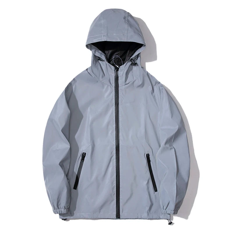 Men's Reflective Dual-Layer Windbreaker Jacket Hooded Waterproof Zip Coat