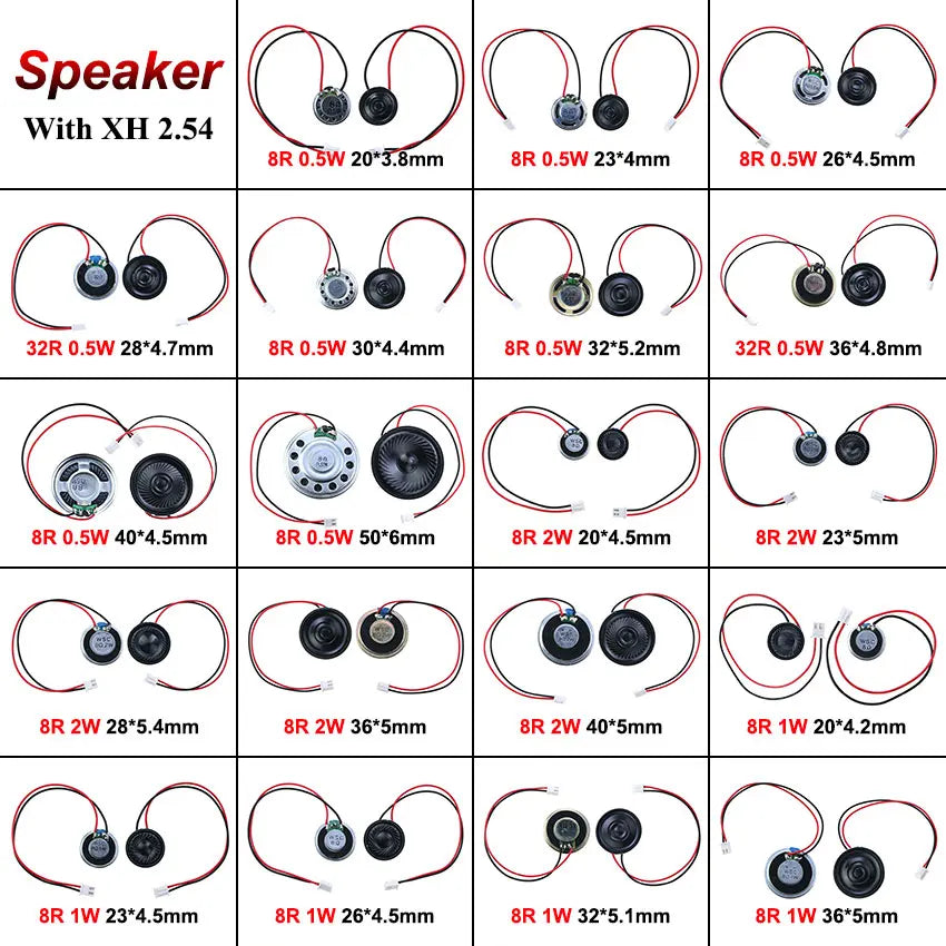 2-Pack Ultra-Thin Mini Speakers 8Ω & 32Ω | 0.5–2W | Multiple Diameters 20–50 mm (0.79–1.97 in) | MX/XH DuPont 1.25/2.54mm Terminal