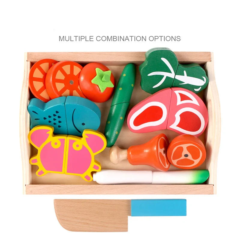 Wooden Pretend Play Kitchen Cutting Fruit and Vegetable Set – Montessori Educational Toy for Kids