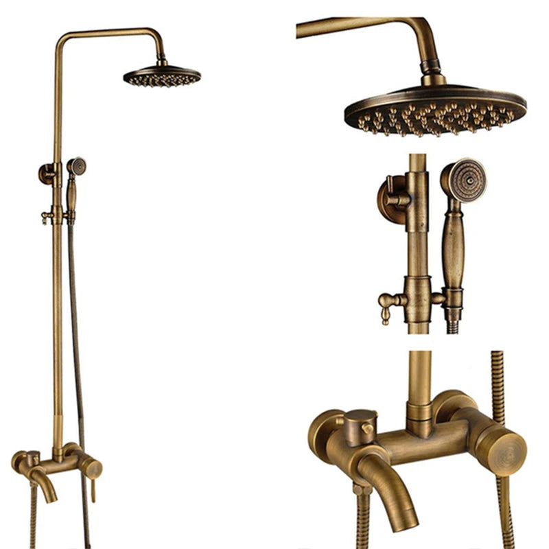 Antique Brass Wall-Mount Shower System with 8-inch (20 cm) Rainfall Head & Hand Shower, Adjustable 27.5–47.2 in (70–120 cm)