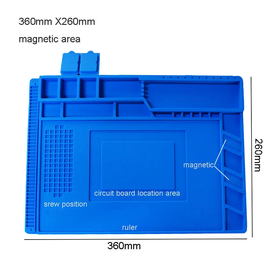 Silicone Soldering Mat 45 x 30 cm (17.7 x 11.8 in) Heat-Resistant Anti-Static Repair Mat with Built-In Ruler & Parts Boxes