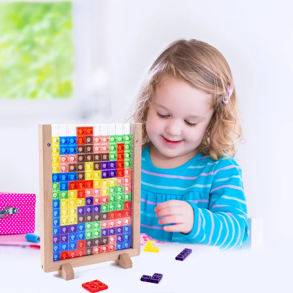 3D Tetris Wooden Building Blocks Puzzle - Colorful Tangram Brain Teaser STEM Montessori Toy for Kids Ages 3+