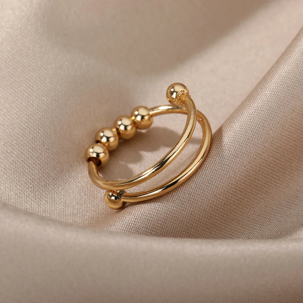 Adjustable Stainless Steel Spinner Ring for Women, Bead Fidget Open Rotating Anti-Stress Ring