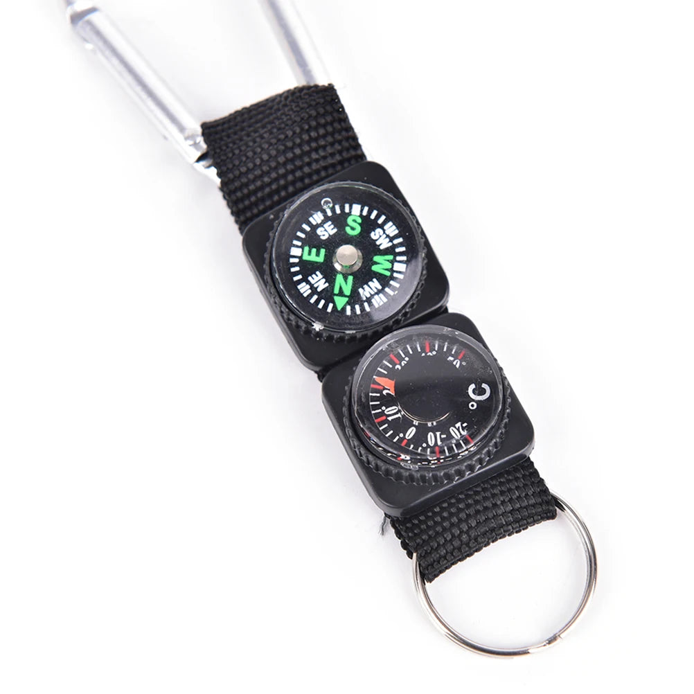3-in-1 Mini Carabiner Keychain with Compass & Thermometer for Camping, Climbing & Hiking, Black
