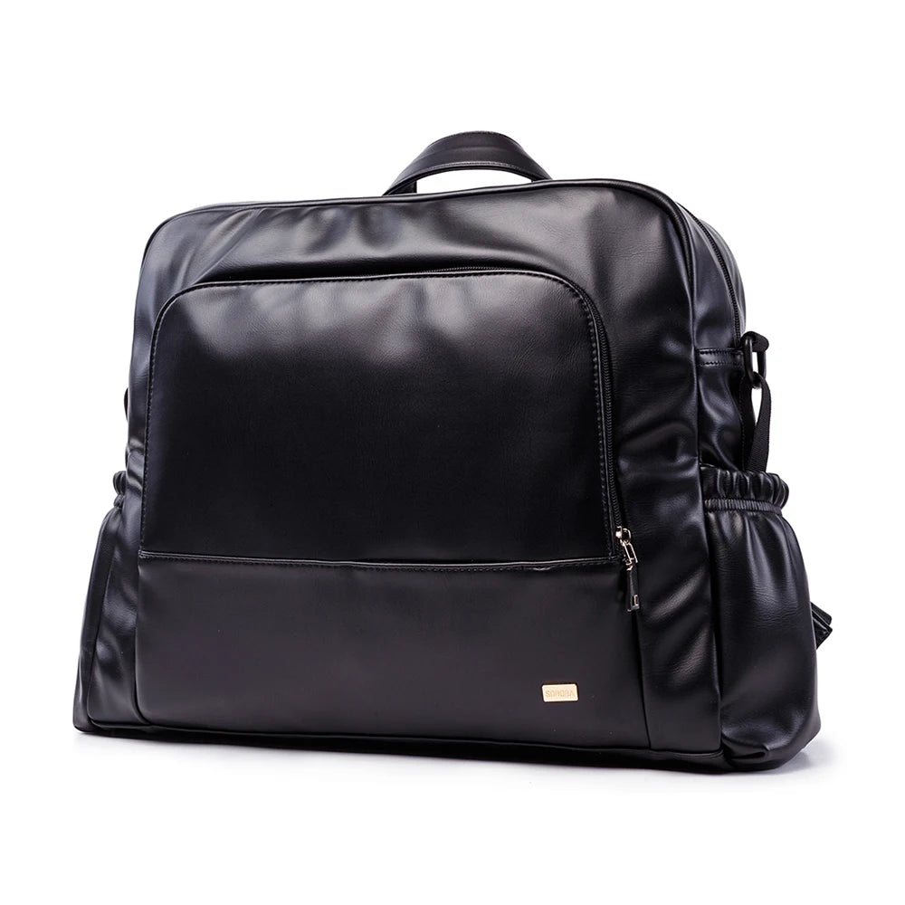 Waterproof Black Leather Diaper Bag Backpack – 24L Large Capacity Nursing Changing Bag with Zipper & Stroller Straps