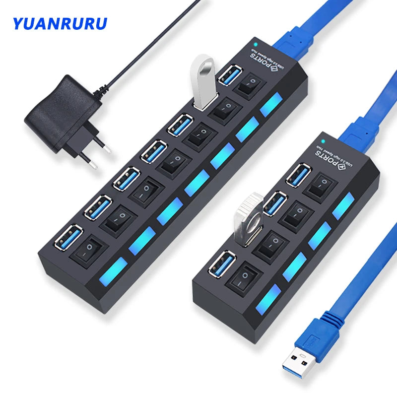 USB 3.0 Hub 4/7-Port Powered USB Splitter with On/Off Switch – High-Speed USB 3.0/2.0 Expander for PC & Laptop
